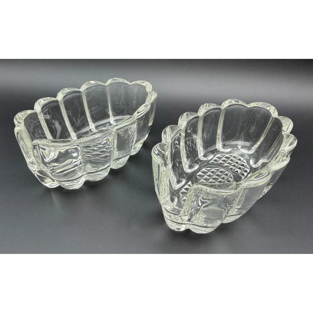 Vintage Clear Pressed Glass Scalloped Oval Candy Bowls Set of 2 Diamond Base